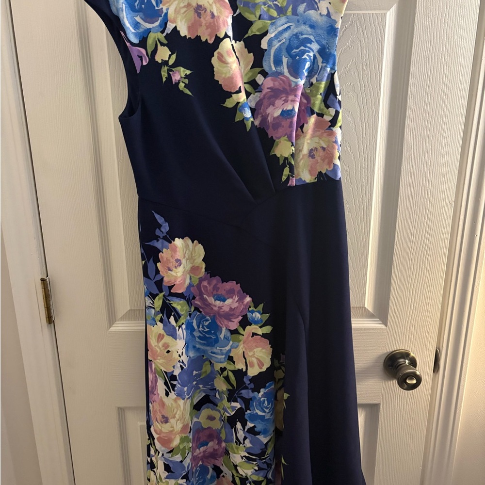 Maggy London Navy Asymmetrical Dress with Floral Design